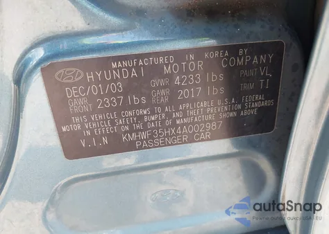 2004 Hyundai Sonata Gls/Lx from USA, damaged, VIN KMHWF35HX4A002987